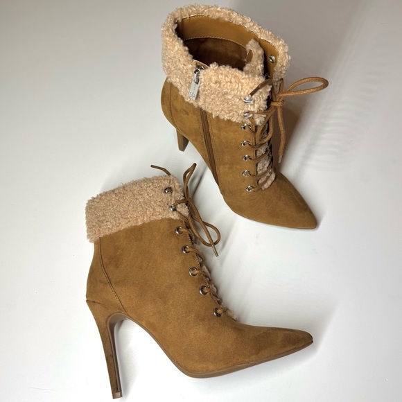 Jessica Simpson Women’s Heeled Faux Fur Tan Suede Pirlie‎ Fuzzy Booties Size- 6M - Picture 6 of 11